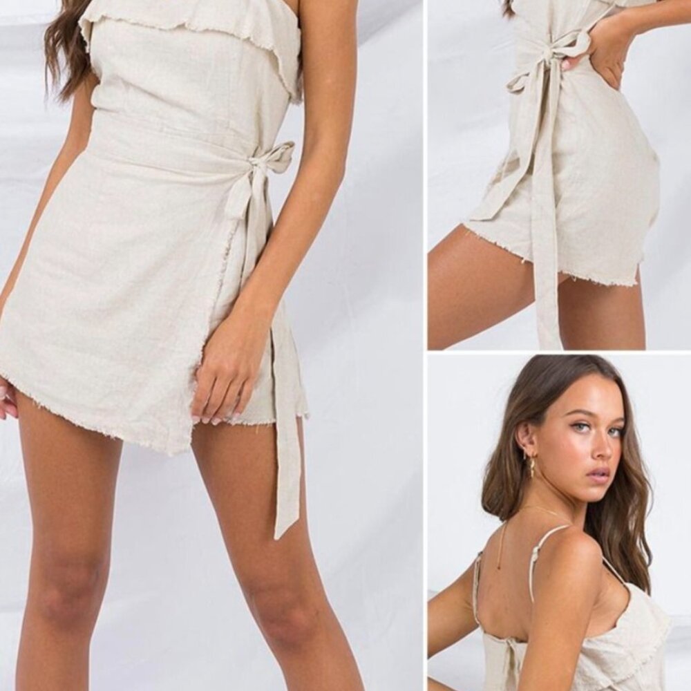 NWT PRINCESS POLLY Rally Raw Linen Playsuit Beige 2